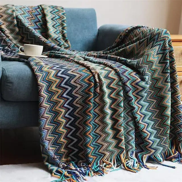 Cozy decorbites boho knitted striped throw blanket with multicolored zigzag pattern and fringed tassels for living room decor