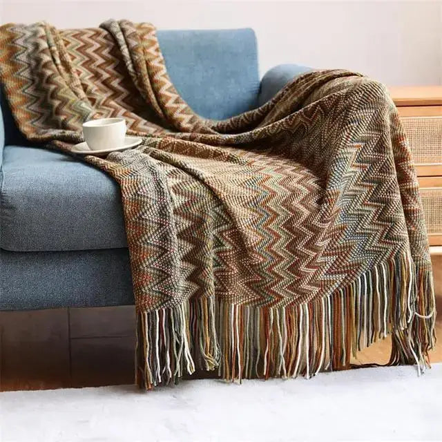 Boho knitted striped multicolored zigzag knit throw blanket with fringe tassels living room decorbites boho knitted