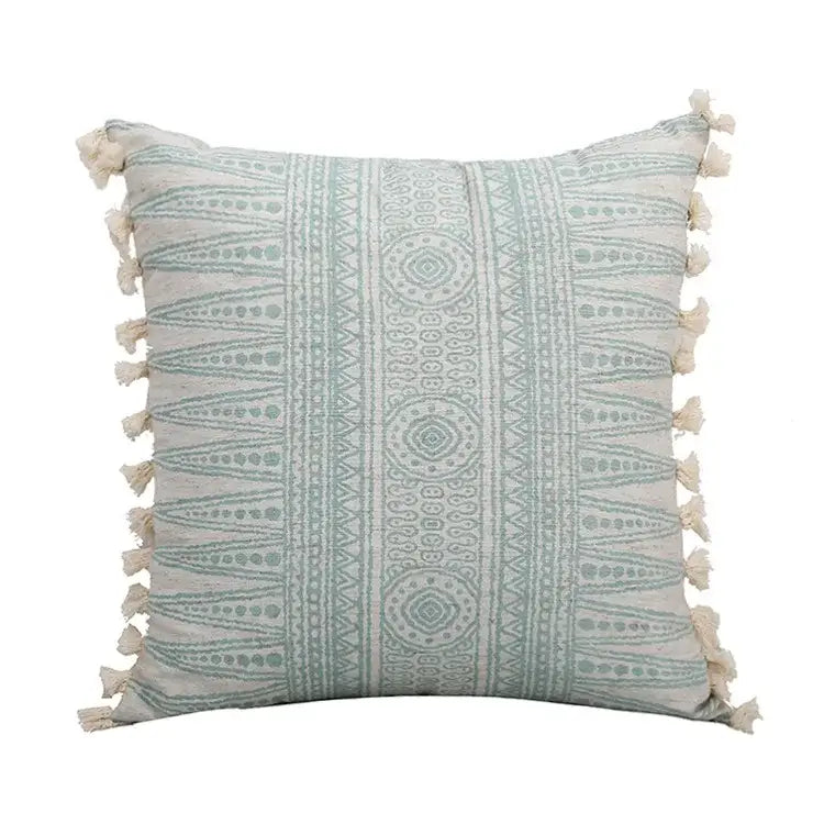 Boho light blue and white pillow cover with light mint green geometric pattern and green tassel decorbites green tassel pillow