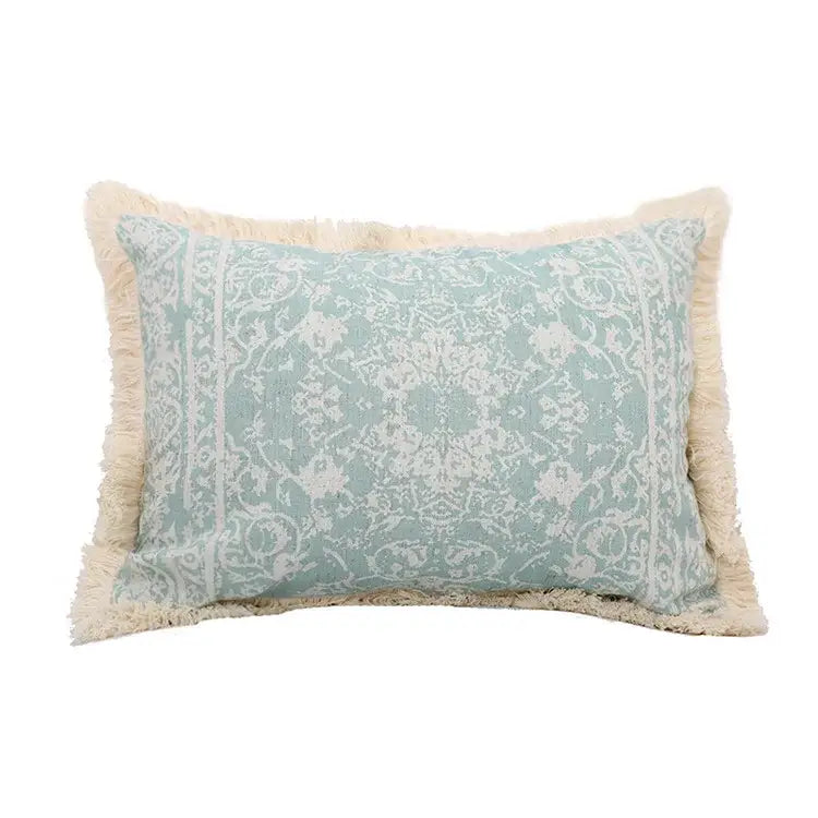 Rectangular teal pillow cover with white damask pattern and cream fringe decorbites green tassel pillow for living room decor
