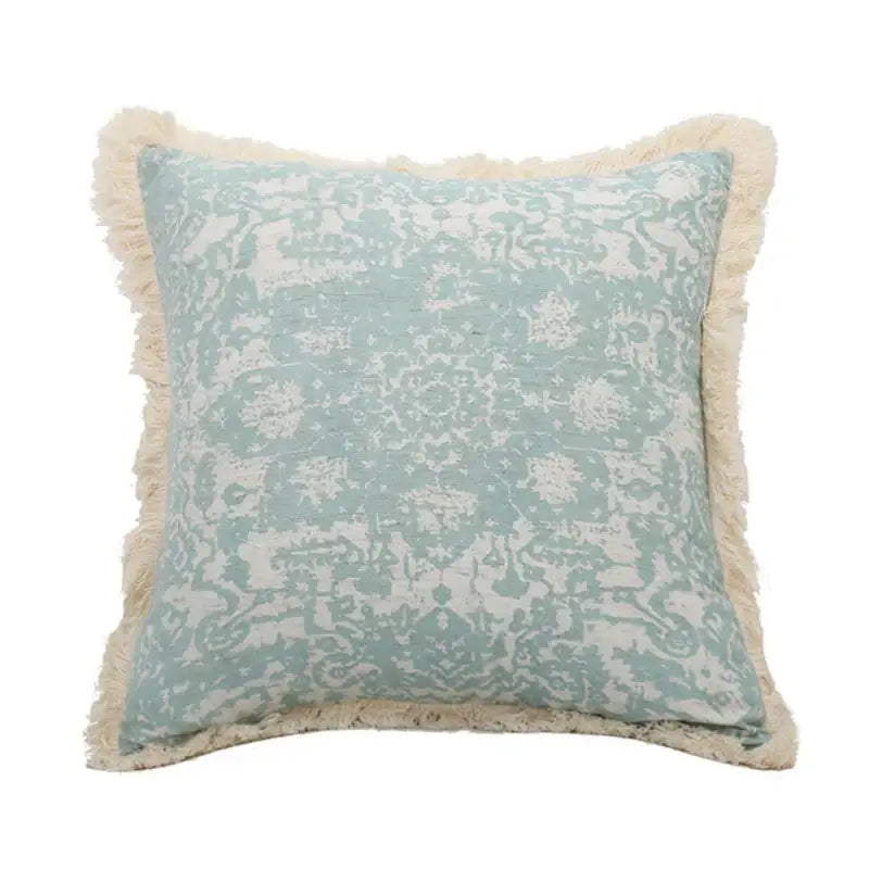 Boho light blue and white patterned pillow cover with cream fringe decorbites green tassel pillow for living room decor