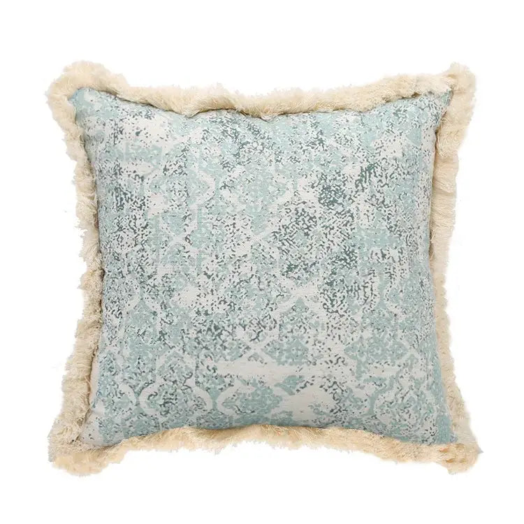 Boho light blue and white patterned pillow cover with cream fringe decorbites green tassel for living room decor