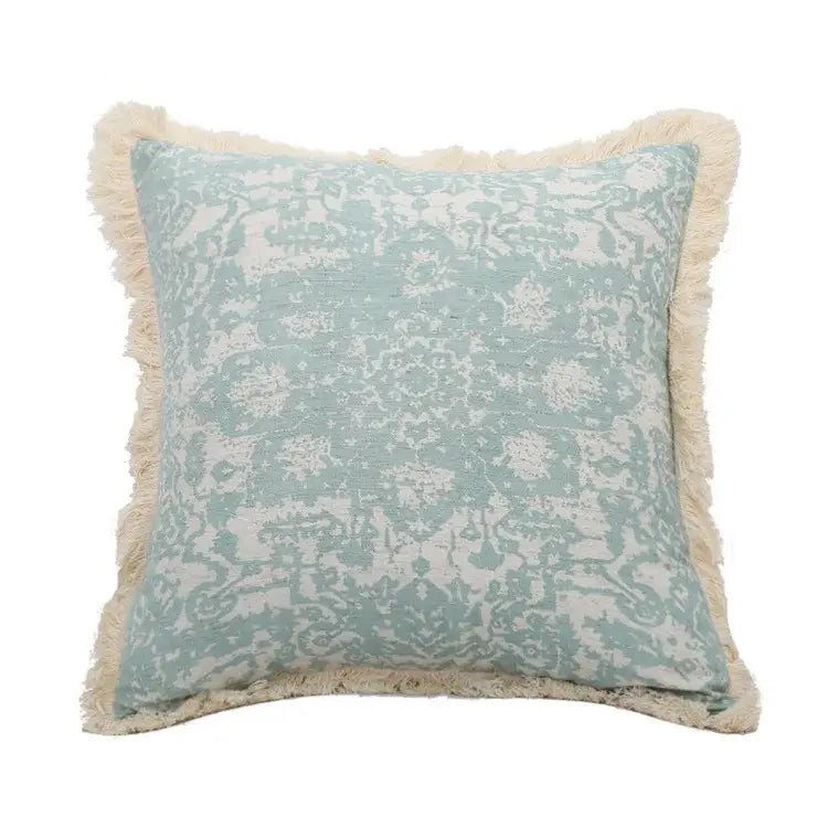 Boho light blue and white patterned pillow cover with cream fringe tassel for living room decorbites green tassel pillow