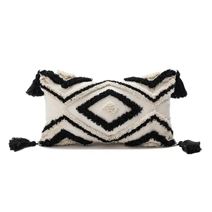Black and cream boho loop tufted geometric pillow cover with tassels decorbites boho loop bedroom decorbites cushion