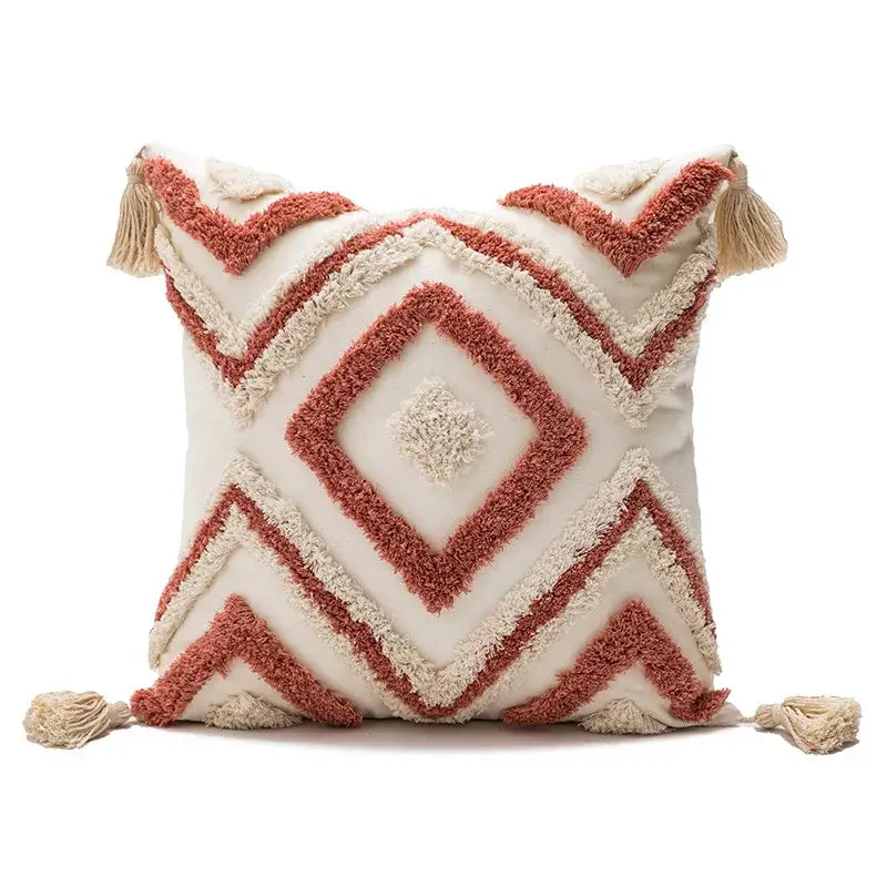 Cream and terracotta cream boho loop tufted geometric pillow cover with tassels for bedroom decorbites boho loop cushion