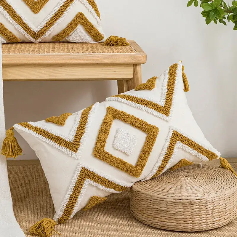 White and mustard-yellow boho loop tufted pillow cover with geometric pattern and textured tassels for bedroom decorbites boho loop