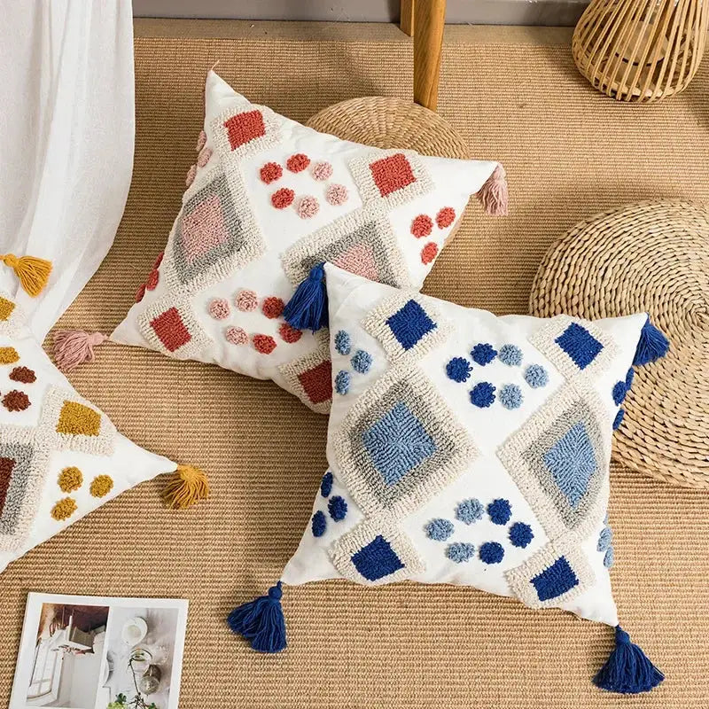 White boho loop tufted pillow cover with colorful geometric patterns and tassels for decorbites boho loop decor