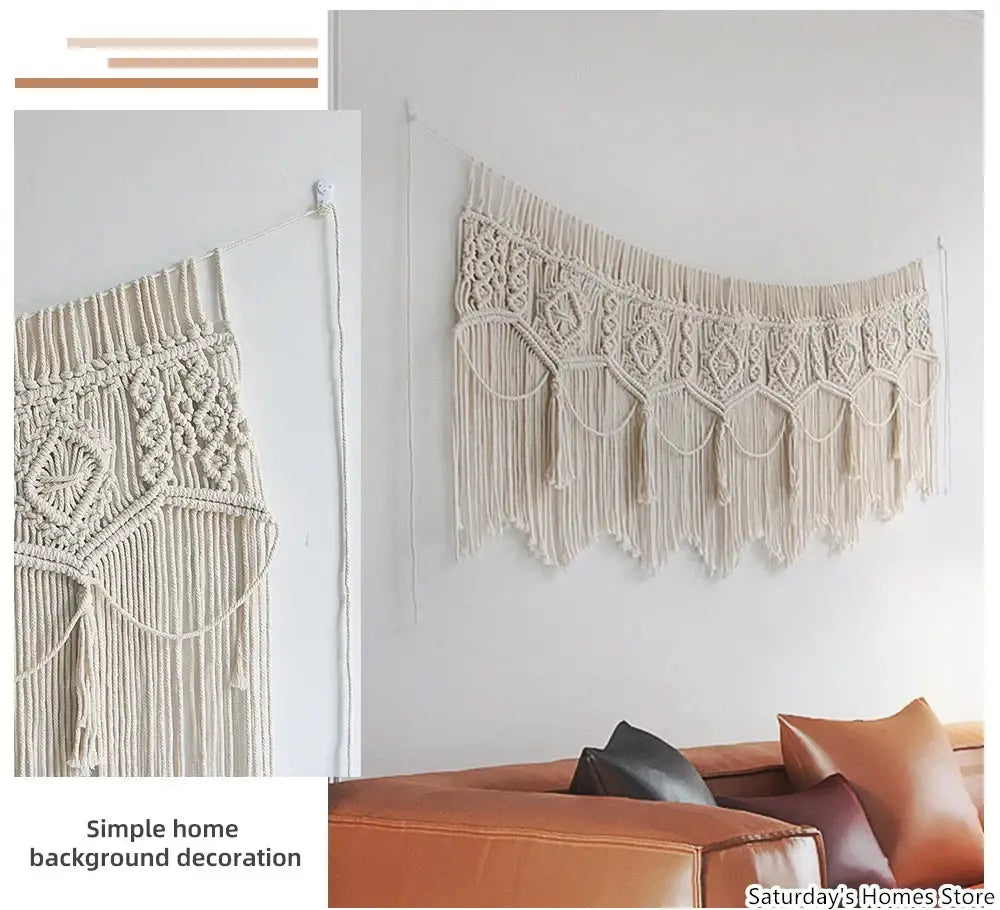 Beige cream cotton decorbites boho macrame door curtain with intricate geometric patterns and fringe detailing for bedroom decor