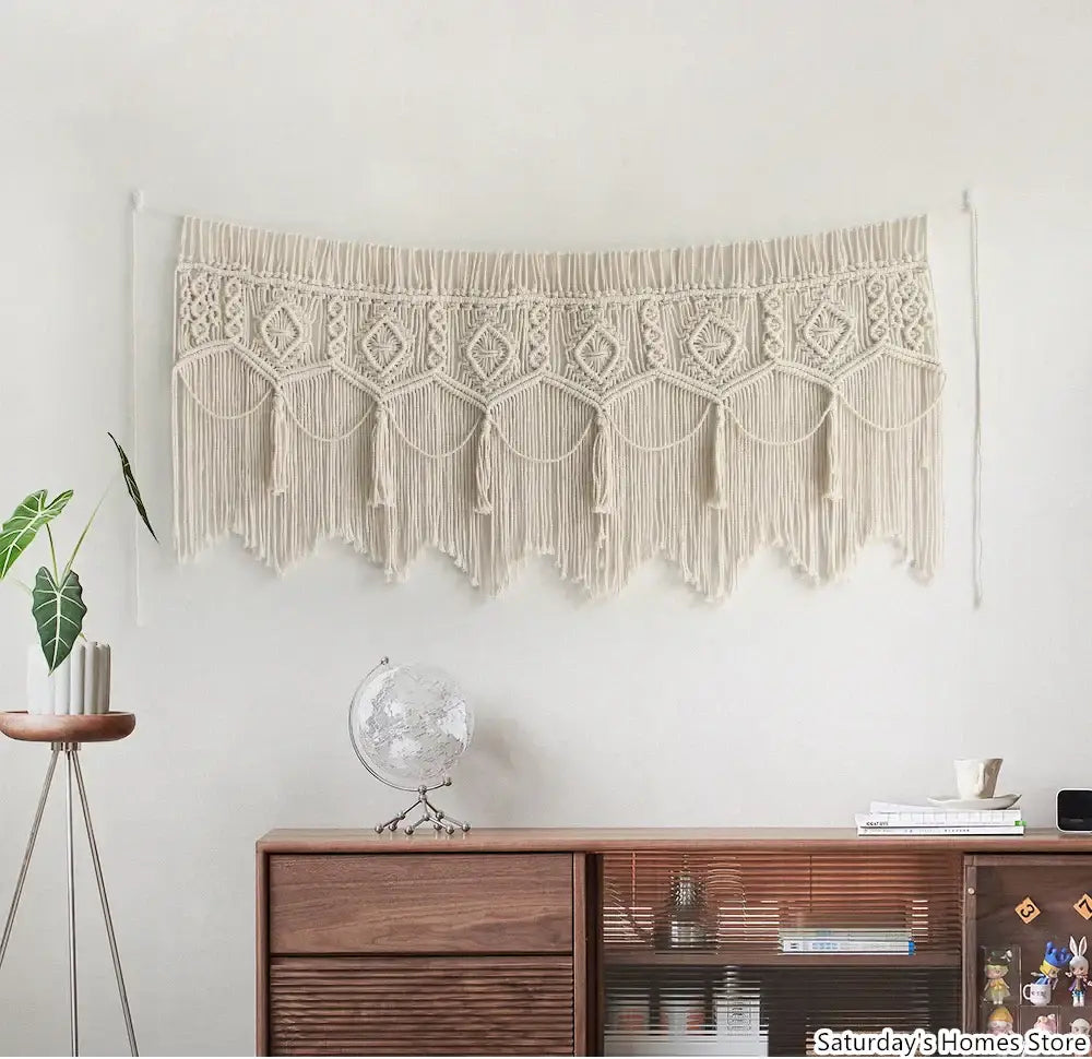 Beige cotton boho macrame door curtain with intricate geometric patterns and fringe for bedroom decorbites boho macrame