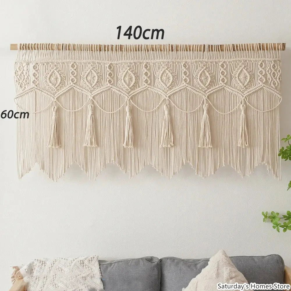 Cream-colored cotton boho macrame door curtain with intricate geometric patterns and tassels for bedroom decorbites boho macrame