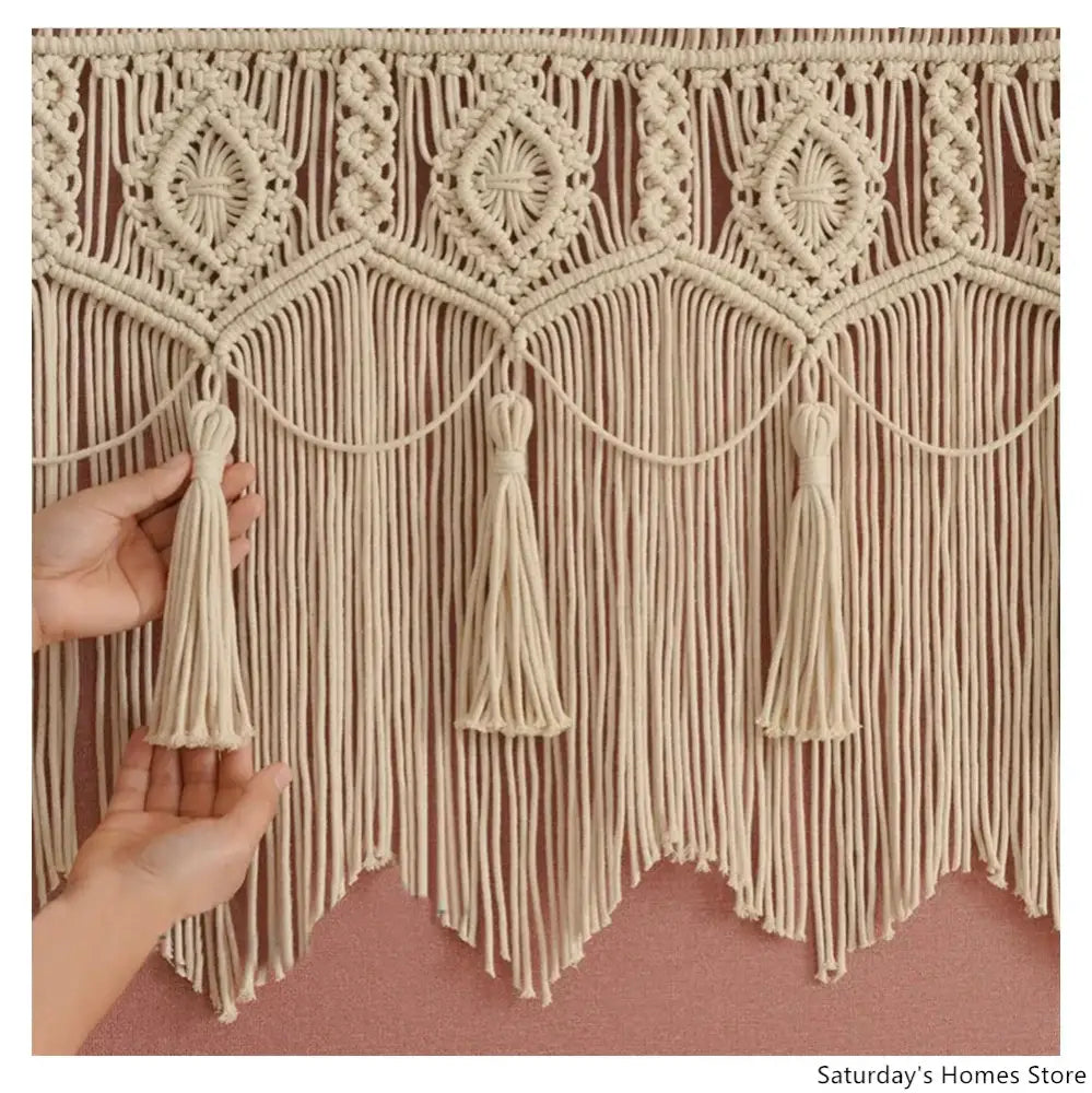Cream-colored cotton decorbites boho macrame door curtain with intricate diamond knots and tassels for bedroom decor