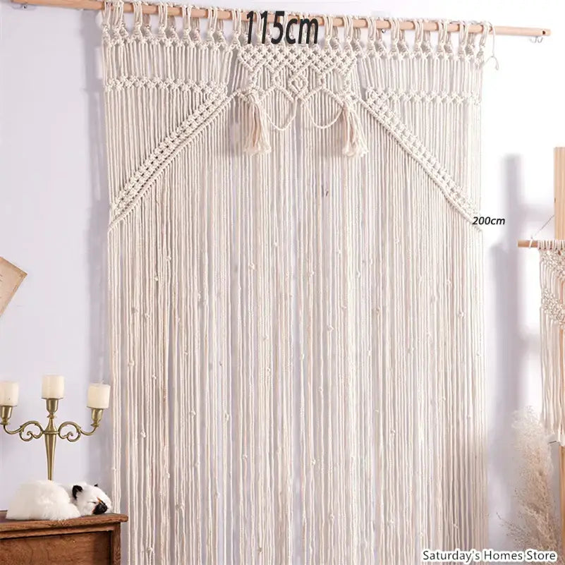 Cream-colored decorbites boho macrame tassel curtain with intricate knotwork and tassels for living room window decor