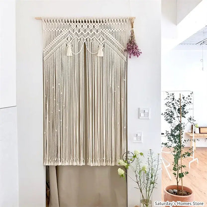 Cream-colored decorbites boho macrame tassel curtain with intricate woven patterns and decorative tassels for window decor