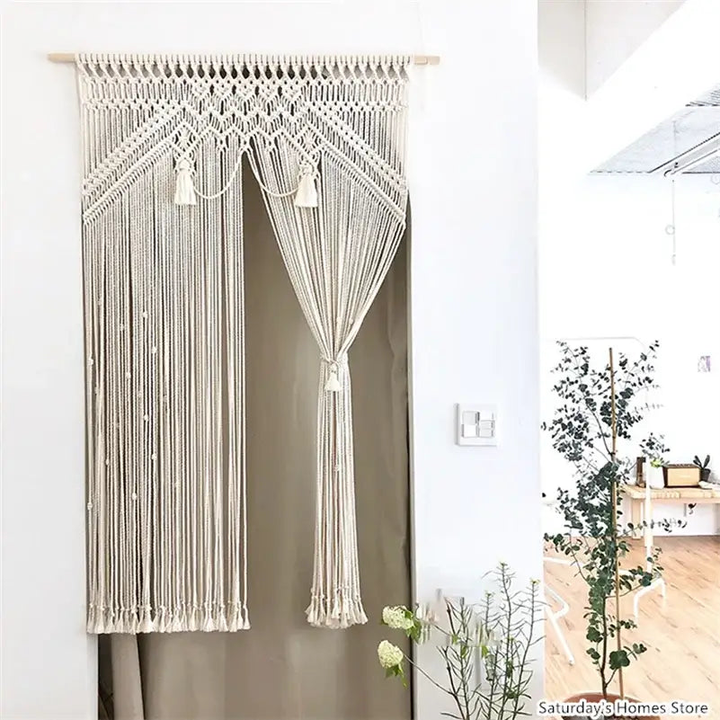 Cream-colored decorbites boho macrame tassel curtain with intricate woven patterns for living room window decor