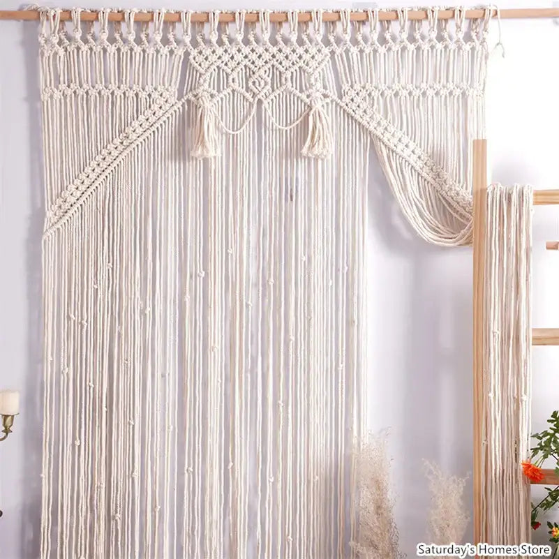 Cream-colored decorbites boho macrame tassel curtain with intricate knotwork for living room window decor