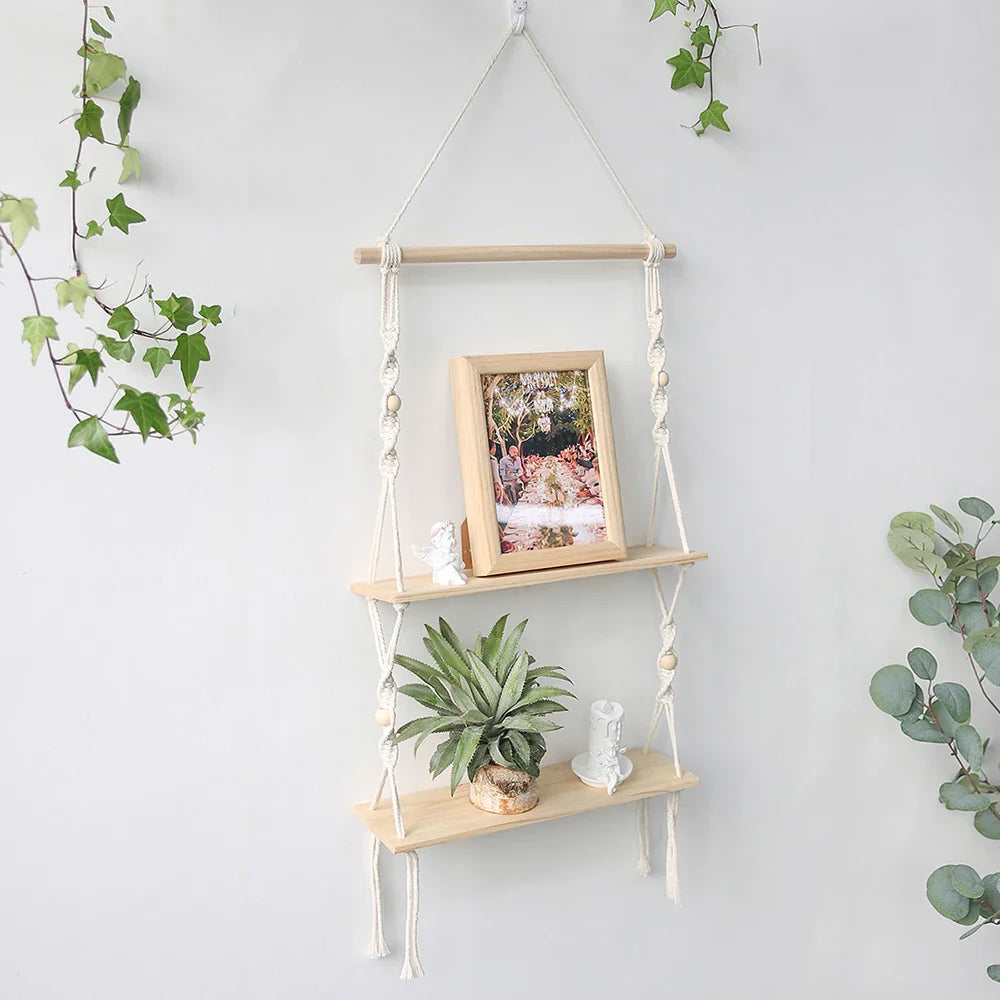Boho Macrame Wall Shelf for Home Decor