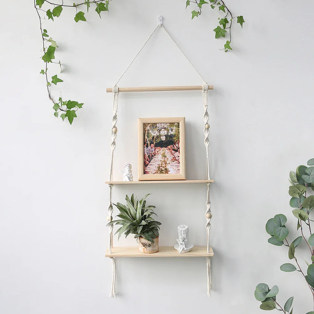 Boho Macrame Wall Shelf for Home Decor