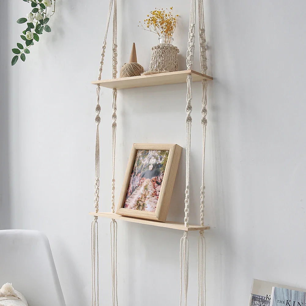 Boho Macrame Wall Shelf for Home Decor