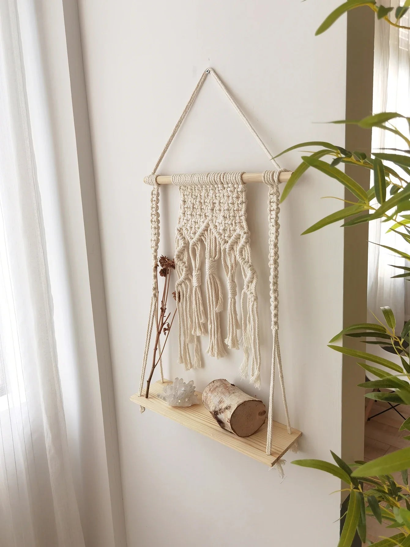 Boho Macrame Wood Wall Shelf Home Decor