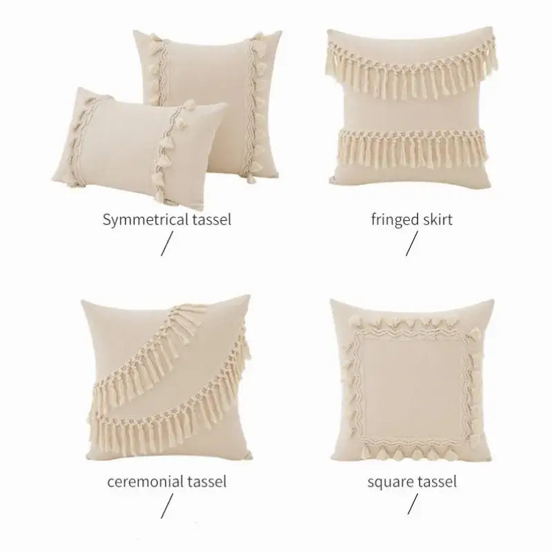 Cream cotton cushion cover with decorative tassels and ruffles boho macrame woven by decorbites for bedroom decor