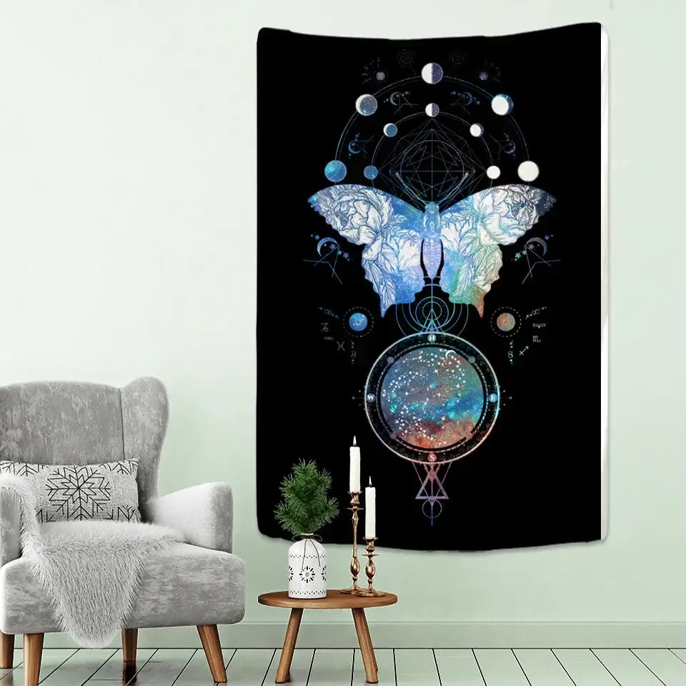 Decorbites boho mandala tapestry featuring a glowing blue butterfly with celestial and geometric patterns on black background