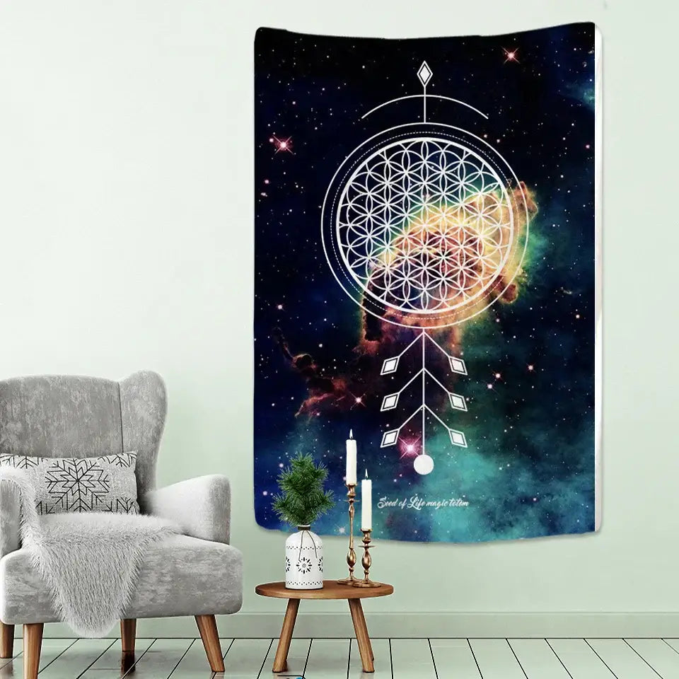 Decorbites boho mandala tapestry featuring white geometric dreamcatcher on vibrant cosmic nebula for bedroom decor