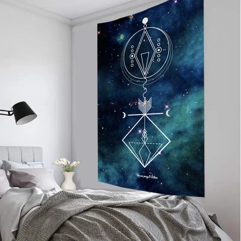 Decorbites boho mandala tapestry with intricate white geometric designs on deep blue and teal cosmic dreamcatcher background