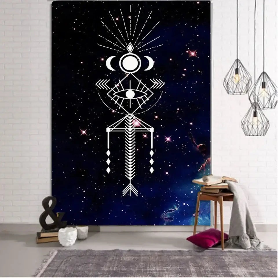 Boho mandala tapestry by decorbites featuring a white geometric eye moon phases design on deep blue cosmic decor