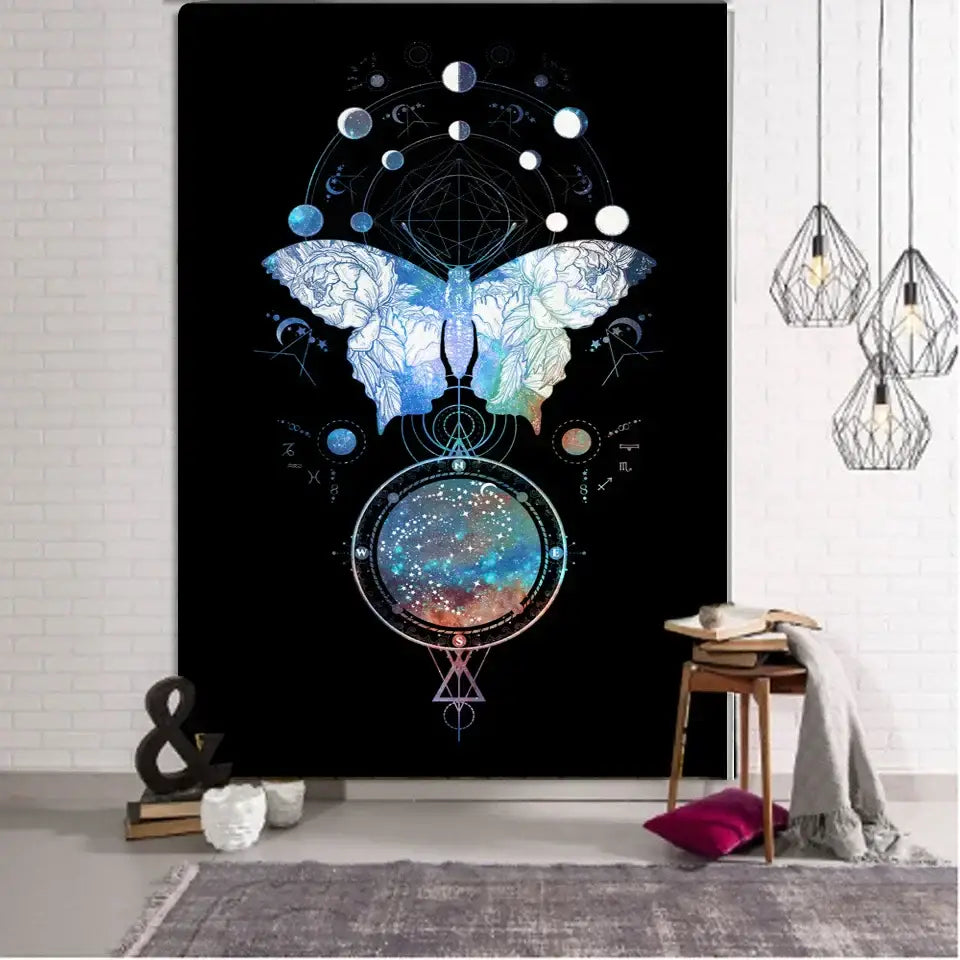 A large black decorbites boho mandala tapestry featuring an ethereal butterfly with cosmic patterns for bedroom decor
