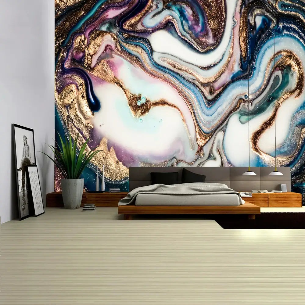 Boho marble abstract agate wall tapestry with gold blue purple and white swirling patterns for bedroom decor by decorbites boho