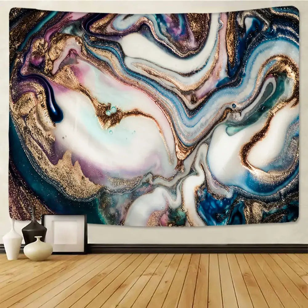 Decorbites boho marble abstract agate wall tapestry with vibrant blue white gold glitter and purple for bedroom decor