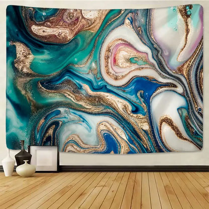 A decorbites boho marble abstract wall tapestry in teal blue white and gold glitter for bedroom decor
