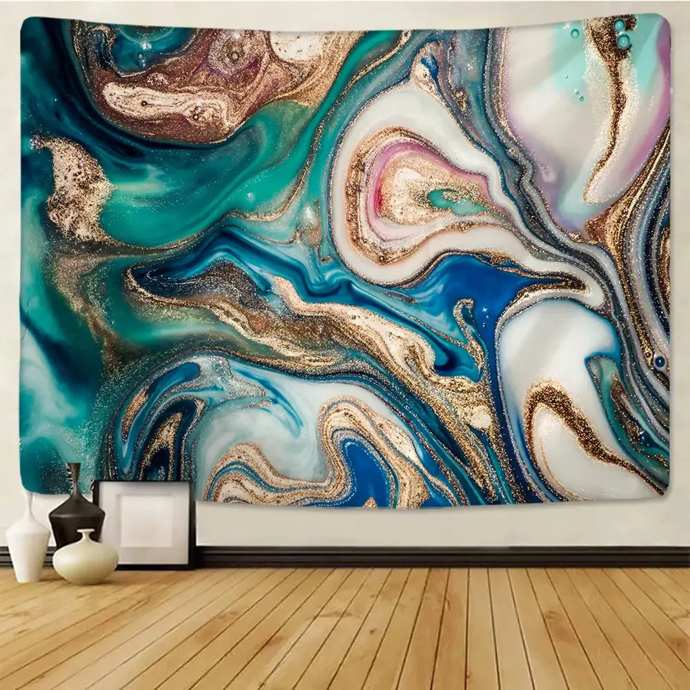A decorbites boho marble abstract wall tapestry with teal blue white and gold glitter for bedroom decor