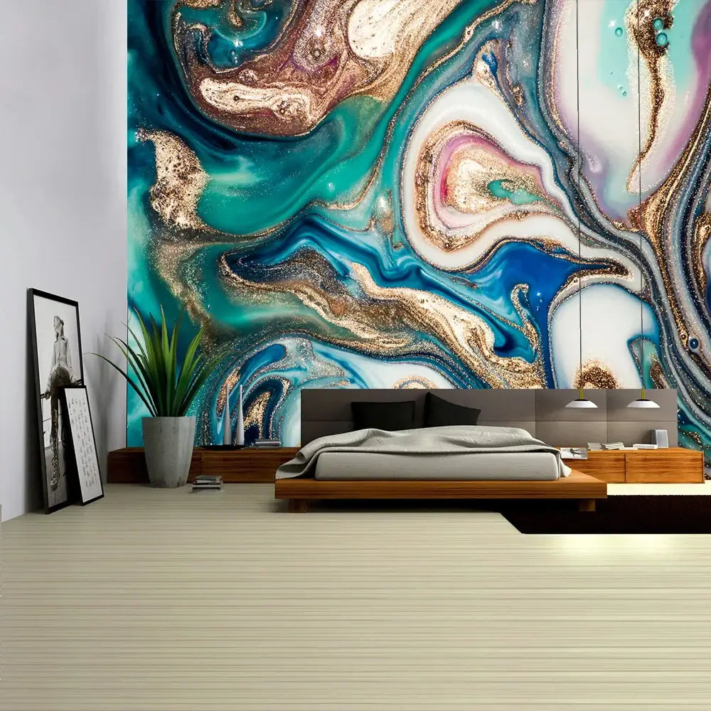 Vibrant turquoise and gold marble-effect boho marble abstract wall tapestry by decorbites boho for bedroom decor