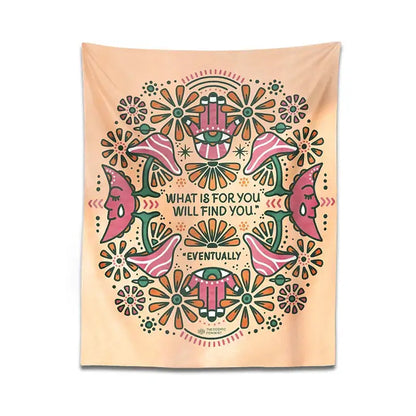 Peach-colored boho moon flower magic tapestry with symmetrical psychedelic design and inspiring phrase for bedroom decorbites boho moon