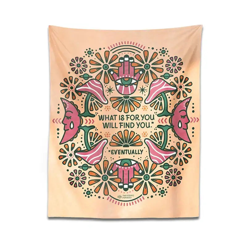 Peach-colored boho moon flower magic tapestry with symmetrical psychedelic design and inspiring phrase for bedroom decorbites boho moon