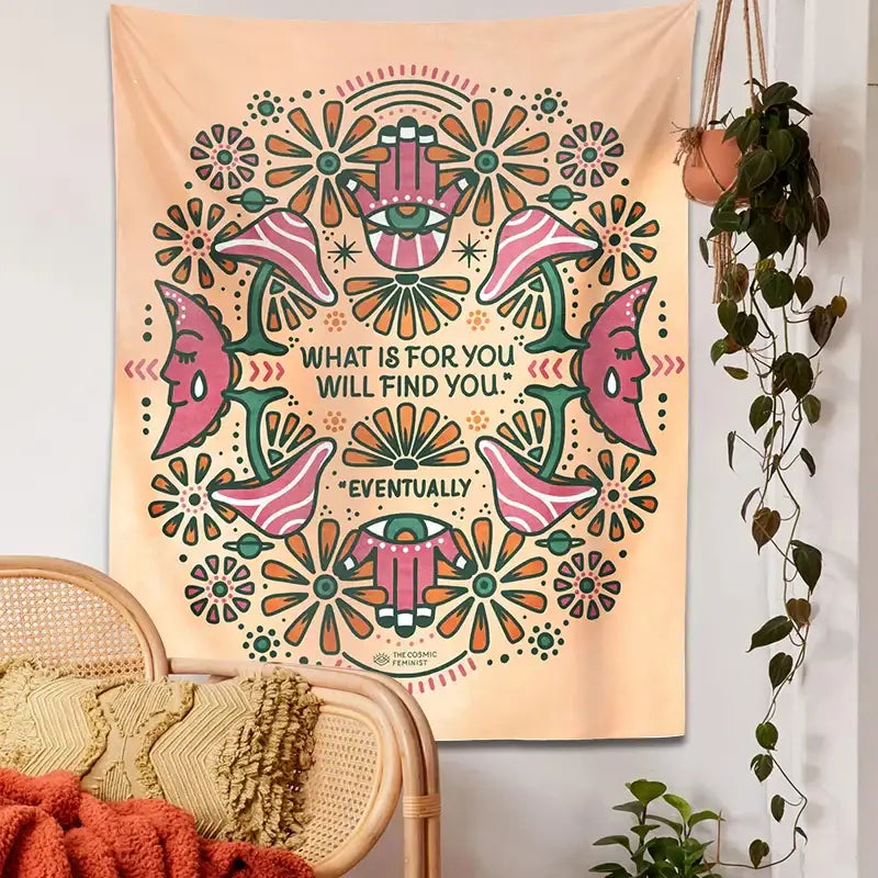 Peach-colored boho moon flower magic tapestry with symmetrical mushrooms moons and hamsa hands wall hanging decorbites boho moon