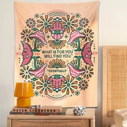 Pastel peach boho moon flower magic tapestry with pink crescent moons and green orange floral patterns decorbites boho moon