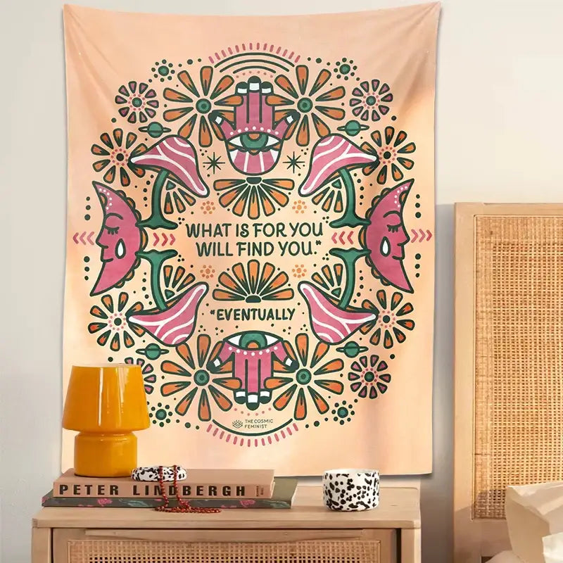 Pastel peach boho moon flower magic tapestry with pink crescent moons and green orange floral patterns decorbites boho moon