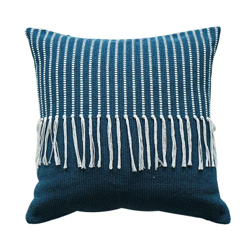 Teal and white striped woven throw pillow with fringe trim for decorbites boho moroccan fringed living room decor