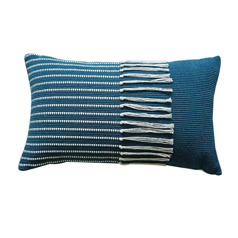 Teal rectangular boho moroccan fringed pillowcase with white horizontal stripes and fringe detail for living room decor