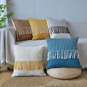 Set of five decorbites boho moroccan fringed woven throw pillows in earthy tones for living room decor