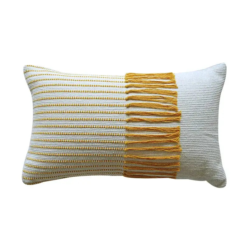Rectangular boho moroccan fringed pillowcase in soft gray and mustard knit with tassels for earthy tones decorbites decor