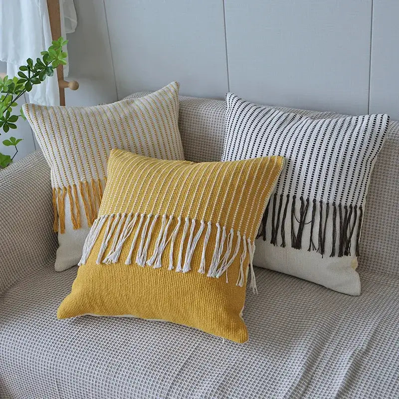 Yellow textured throw pillow with white fringe from decorbites boho moroccan fringed pillowcase set