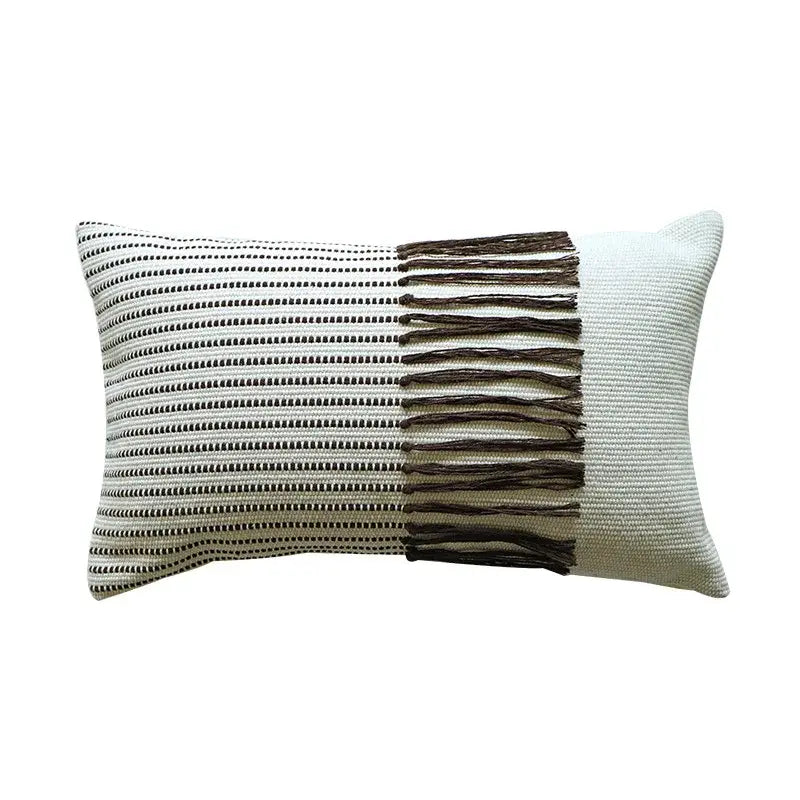 Rectangular boho moroccan fringed pillowcase with black off-white stripes cream fabric and dark brown tassels for living room decor