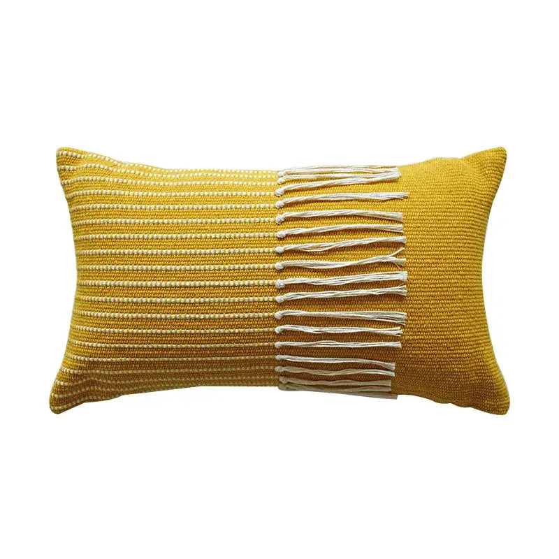 Mustard yellow boho moroccan fringed pillowcase with textured knit fabric and white fringe for earthy tones decorbites decor