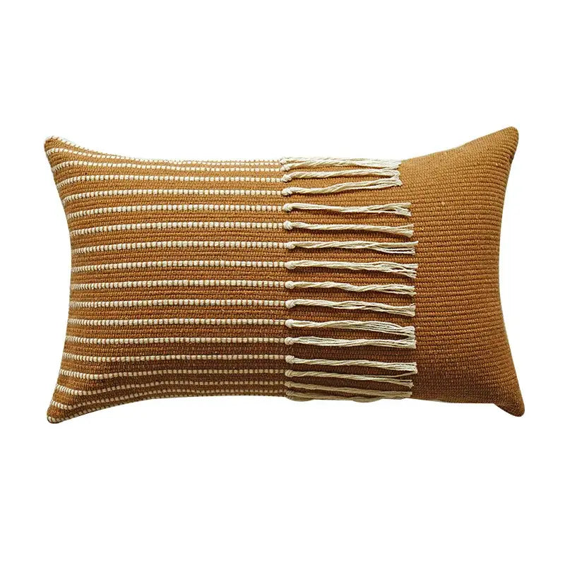 Rectangular mustard-colored woven pillow with cream stripes and fringe detail from decorbites boho moroccan fringed set