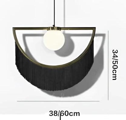 Boho black fringe pendant light with gold semi circular frame and off white glass ball pendant for bedroom