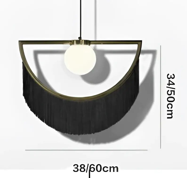 Boho black fringe pendant light with gold semi circular frame and off white glass ball pendant for bedroom