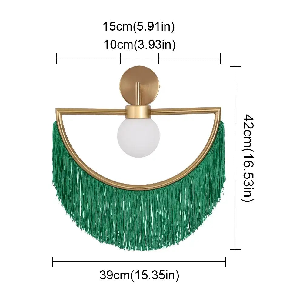 Green fringe semi-circular wall sconce with gold metal frame and frosted glass globe for boho ball pendant light decor